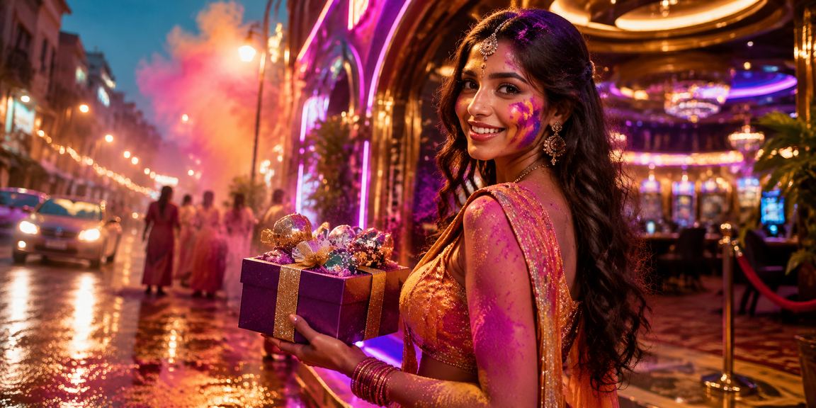 User depositing funds on mobile device during Holi festival in Mumbai